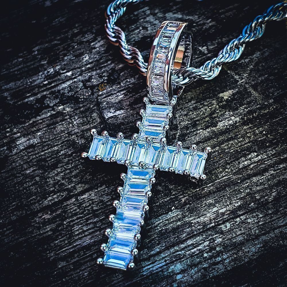 Silver Baguette Iced Out Cross Necklace